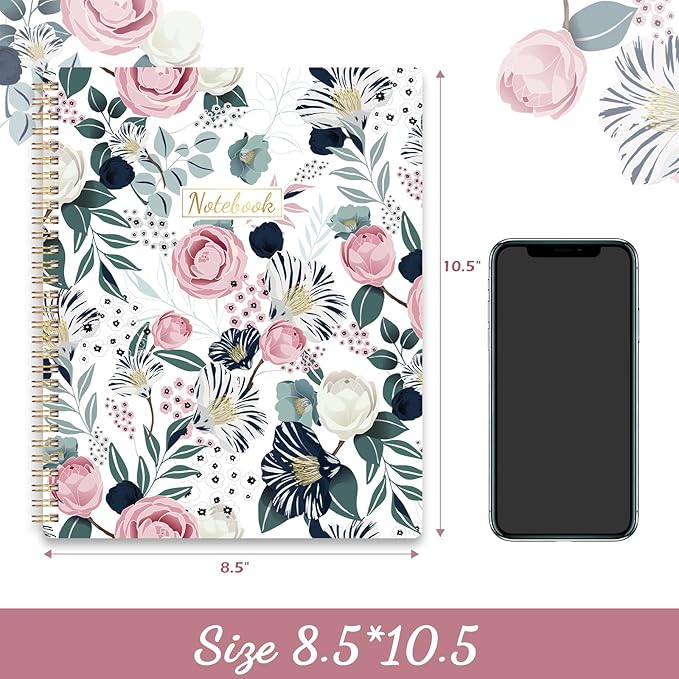 Spiral Notebook - Notebooks Spiral Bound, 8.5" * 11", Journal Notebook with Thick Paper & Back Pocket, 144 Pages, with Twin-Wire Binding, Journals for Women, College Ruled Notebooks - Floral
