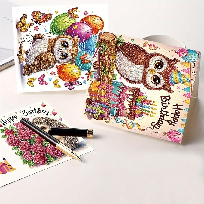 Tontut 6 Pieces Diamond Art Painted Greeting Cards, Owl Hedgehog Bear 5D DIY Special Shape Diamond Card Creative Gifts, Christmas Thanksgiving Greeting Card Congratulation