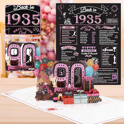 90th Birthday Card for Women, Jumbo 3D Pop Up 90th Birthday Gifts for Mom Grandma, Back In 1935 Happy 90 Year Old Sister Birthday Decorations Cards Card for Her, Rose Gold