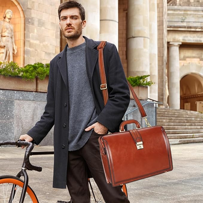 Banuce Vintage Full Grain Italian Leather Lawyer Briefcase for Men Doctor Bag 15.6 Inch Laptop Work Business Bag Attache Case with Lock