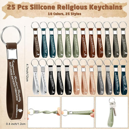 25 Sets Christmas Christian Church Gifts Bulk Bible Verse Plastic Gel Pen Religious Silicone Keychains Scripture Bookmark 2''x 6'' Emergency Numbers Bible Bookmarks Gift Pastor (Wood Color)