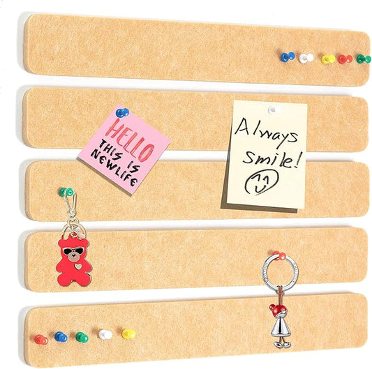 5 Pack Felt Pin Board Bar Strips Bulletin Board for Bedrooms Offices Home Wall Decoration, Notice Board Self Adhesive Cork Board with 35 Push Pins for Paste Notes, Photos, Schedules (Peach)
