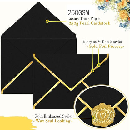 60 Pack Gold Envelopes 5x7 Bluk Black, 250G Pearled Cardstock A7 Envelopes for Invitations Business Mailing Envelope with Gold Foil Border, A6 4x6 Envelopes for Wedding Baby Shower Cards