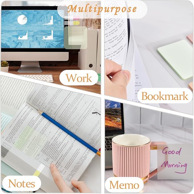 BAYTORY 1300 Sheets Pastel Transparent Sticky Notes, Clear Waterproof 3 x 3 inch See Through Memo Pad, Self-Adhesive Translucent Writable Index Tabs for Annotating Books, Stationary Supplies