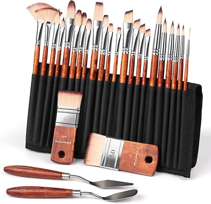 26pcs Paint Brush Set, Fuumuui Professional Acrylic Paint Brushes Complete Range of Sizes with Upgraded Short Handle Wide Flat Paintbrush for Acrylic, Oil, Watercolor and Gouache