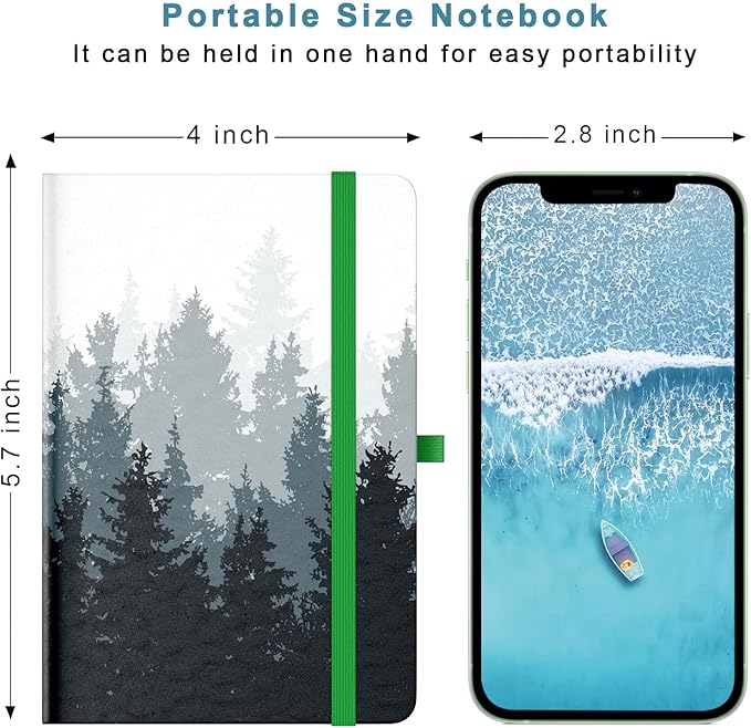 Small Notebook, Mini Pocket Journal A6 5.7" x 3.9", Leather Hardcover Journal with Pen Holder, 160 Thick Papers, Cute Lined Notebook Small Notepad for Women Writing Work Travel, Forest