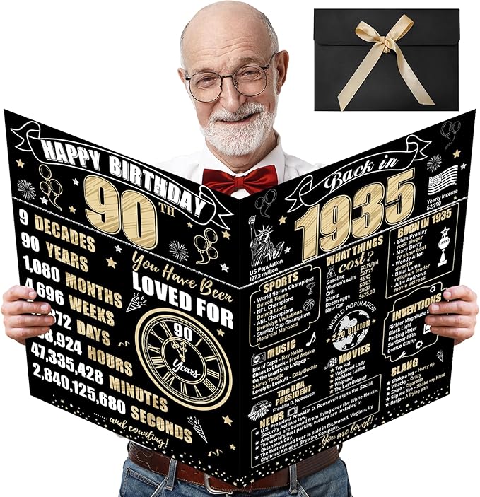 Large 90th Birthday Card With Envelope for Men Women, 1935 Black Gold Happy 90th Birthday Giant Guest Signature Book Gifts, Big Vintage 1935 90th Greeting Card Decoration Party Supplies