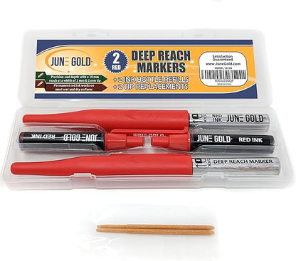June Gold 2 Red Deep Reach Markers, 2 Ink Refill Bottles, 2 Tip Replacements, 30 mm Reach & 2 mm Felt Tip