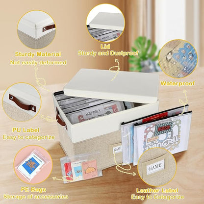 Board Game Storage, Board Game Organizer with 12pcs Zipper Bags and Writable Stickers, Board Game Organizers Storage with Lid for Office Supplies, Puzzles, Video Game, Craft Product,Beige