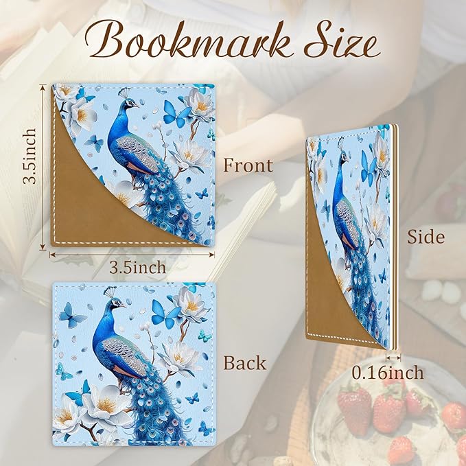 Peacock Corner Bookmarks, Cute Leather Book Accessories for Book Lovers, 3 Pcs Reading Book Page Markers for Women Men Student Teacher Girls Boys Kids Retirement Birthday Gifts