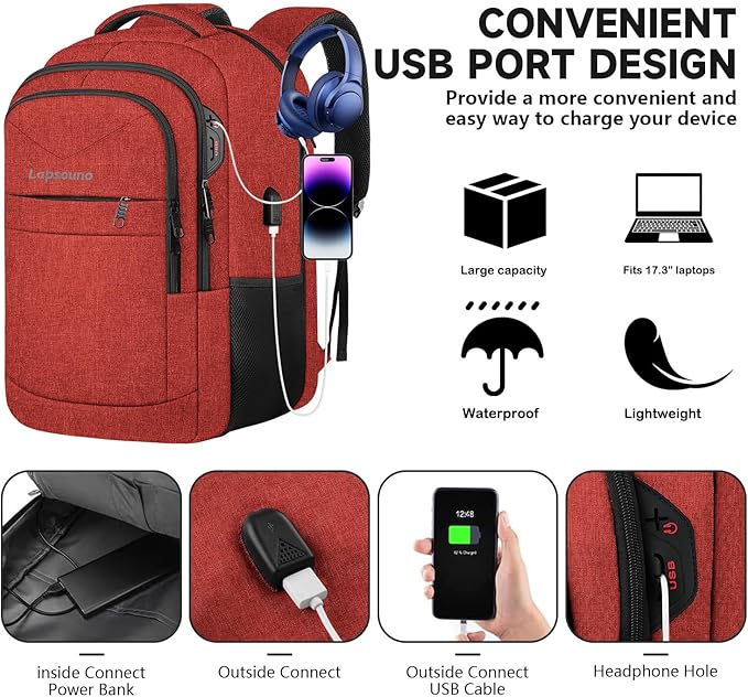 Lapsouno Large Backpack, Travel Laptop Backpack, Carry on Backpack, Sturdy 17 Inch TSA Friendly with USB Port, Water Resistant College School Bag Gifts for Men Women,Wine Red