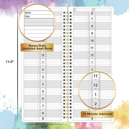 Appointment Book - Salon Appointment Book, 11.5" x 4.7", Hourly Planner, 2 Columns, Undated, 6 AM - 9 PM, Spiral Bound, 200 Pages, Colorful