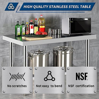 Stainless Steel Table for Prep & Work 24 x 12 Inches, NSF Commercial Heavy Duty Food Prep Worktable with Undershelf for Restaurant, Home and Hotel Christmas Preparation Table