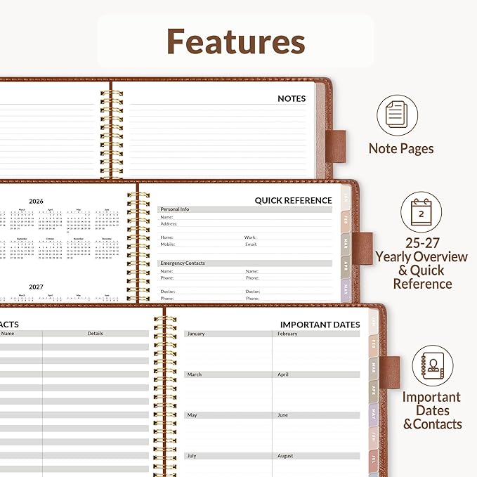 SUNEE 2026 Weekly & Monthly Planner 9"x11.2"- 12 Month (January 2026 - December 2026), Vegan Leather Cover, Pocket, Bookmark, Notes, Monthly Tab, Brown
