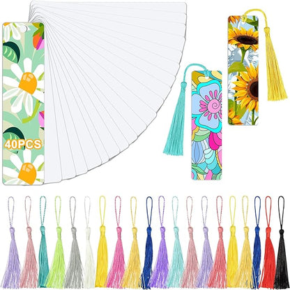 40Pcs Heat Transfer Sublimation Blank Metal Bookmark, Aluminum DIY Bookmarks with Colorful Tassels for Keychains Craft Projects Birthday Present Tags
