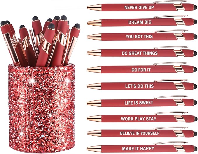 10 Pcs Ballpoint Pens with Pen Holder,Fine Point Smooth Writing Pens,Kawaii Pens For Writing Journaling Taking Notes School Office Home. (Red 10Pcs)