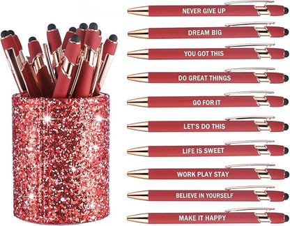 10 Pcs Ballpoint Pens with Pen Holder,Fine Point Smooth Writing Pens,Kawaii Pens For Writing Journaling Taking Notes School Office Home. (Red 10Pcs)
