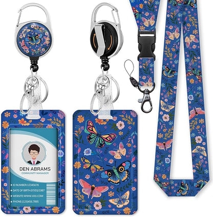 Lanyards for Id Badges, Butterfly Flowers Badge Holder with Retractable Reel Belt Clip, Cute Work Name Tag Lanyard Vertical ID Card Protector Case for Women Nurse Doctor Teacher Student