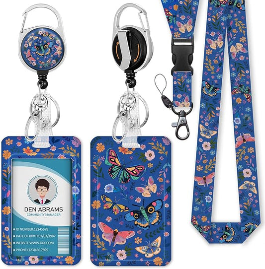 Lanyards for Id Badges, Butterfly Flowers Badge Holder with Retractable Reel Belt Clip, Cute Work Name Tag Lanyard Vertical ID Card Protector Case for Women Nurse Doctor Teacher Student