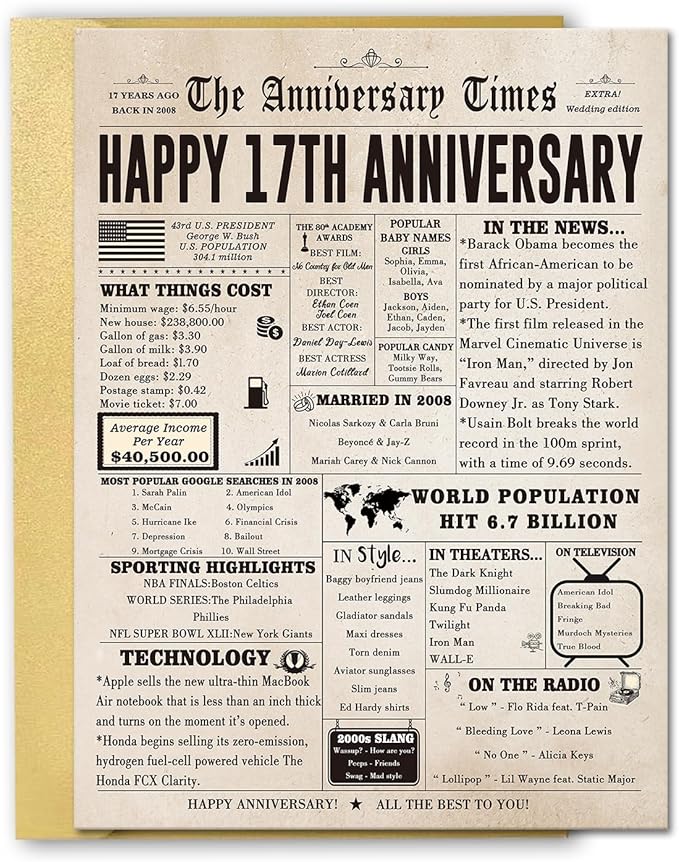 Jumbo 17th Anniversary Cards for Women Men, Retro 17 Year Anniversary Card Gifts for Wife Husband, Large 17th Wedding Anniversary Decoration for Parents