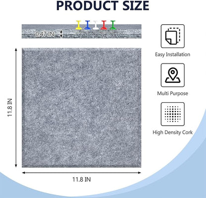 4 Pack Cork Board Tiles 12x12 Inches, 1/2" Thick Felt Cork Squares with 30 Push Pins, Bulletin Board Pin Board, Adhesive Cork Board for for Wall for Home, Office, and Kitchen (Gray)