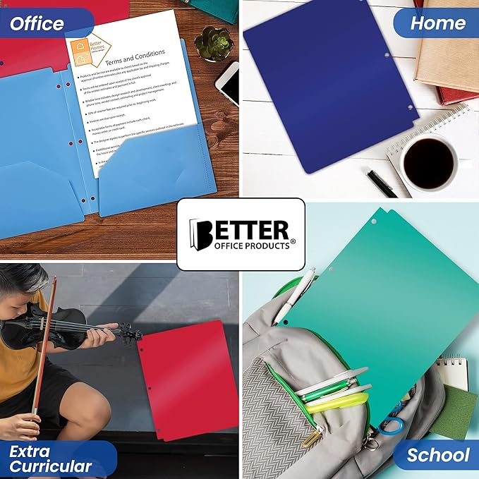 Better Office Products 3 Hole Punch Pocket Folders, Bulk Pack, Sturdy Plastic 2 Pocket Folders, Assorted Primary Colors, Letter Size, with Business Card Slot,(12 Pack)