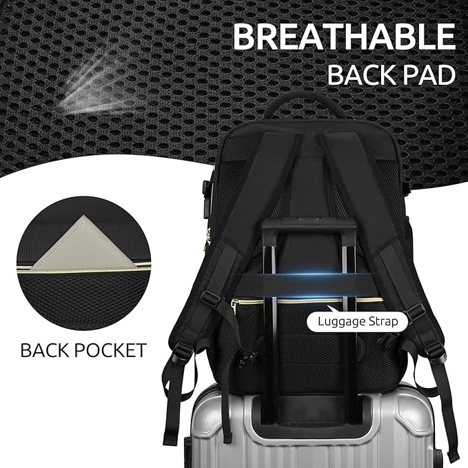 Travel Backpack for Women, Carry On Backpack for Airplanes Flight Approved, Waterproof Large Weekender Overnight Bag Fit 17 Inch Laptop with USB Charging Port, Black