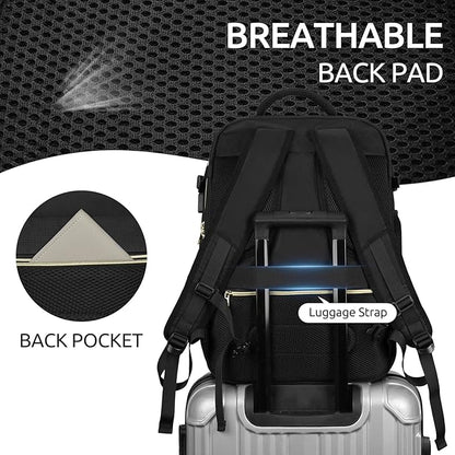 Travel Backpack for Women, Carry On Backpack for Airplanes Flight Approved, Waterproof Large Weekender Overnight Bag Fit 17 Inch Laptop with USB Charging Port, Black