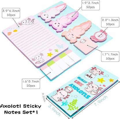 I Just Really Like Axolotl Sticky Notes Set, 550 Sheets, Animal Mexican Walking Fish Shaped Self-Stick Notes Pads Divider Tabs Bundle Writing Memo Pad Page Marker Back to School Office Supplies