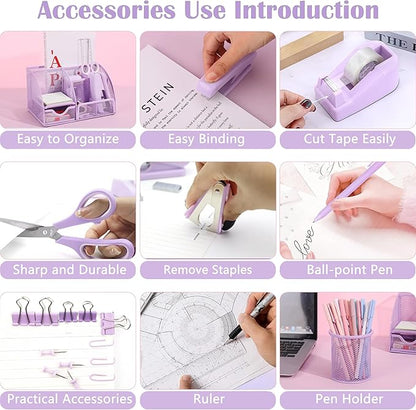 Purple Office Desk Accessories Supplies, 12pcs Desk Organizers and Accessories with Tape dispenser and Stapler,Staples,Staple Remover,Pen Holder,Scissor,Ruler,Sticky Tabs,Tape,Ballpoint Pen,Clips Set