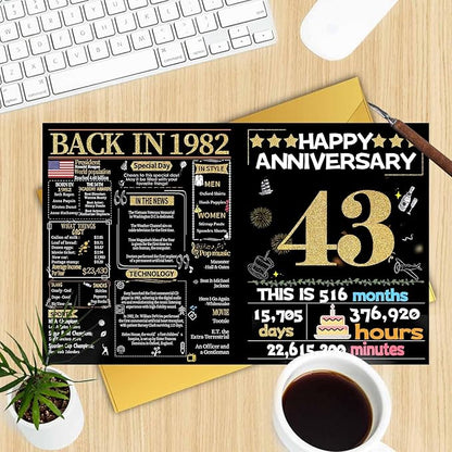 Joycard 43rd Anniversary Card for Women Men, Gold Wedding Card for Wife Husband, Sweet Marriage Decorations Gifts for Couple, Perfect for Her Him on Anniversary Day, Back in 1982