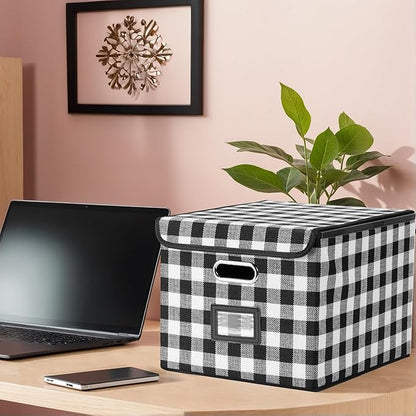 File Organizer Box with Lid for Hanging Folders, Collapsible Storage File Box with Plastic Slide, Portable Document Organizer for Office Home School Desktop Use, Black and White Lattice