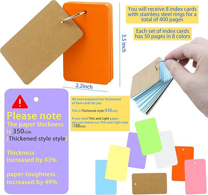 MotBach 400PCS Colored Blank Flash Card Index Cards with Binding Rings,8 Color Easy Flip Flash Card Study Note Card Perfect for Bookmark School Learning Memory Recipe Cards Game Cards(3.5 x2.2 Inch)