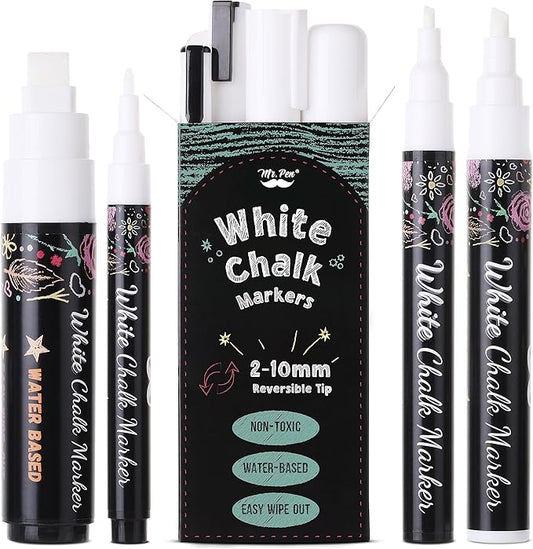 Mr. Pen- White Chalk Markers, 4 pcs, Assorted Size, Chalk Marker, Chalk Pen, Liquid Chalk Marker, Chalk Markers White, White Chalk Pen, Chalkboard Marker, White Chalkboard Marker, Chalkboard Pen