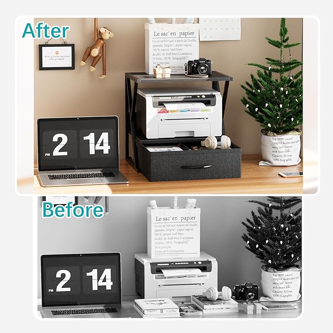 aboxoo Printer Stand for Desk with Storage Drawer, 2 Tier Desktop Or Under Desk Shelf, Multi-Purpose Desk Organizer for Home Office, fit Fax Machine/3D Printer/Scanner, Black