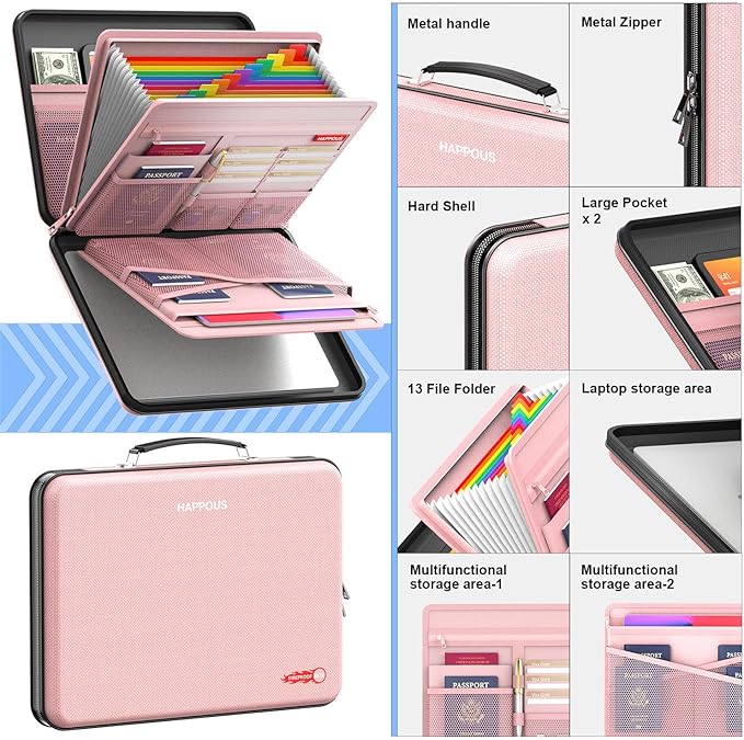 Fireproof File Box, Expanding File Organizer with 13 Pockets, Portable Fireproof Document Box Hard-Shell Document Organizer Storage for Documents Laptop Passports Cards Pink