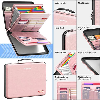 Fireproof File Box, Expanding File Organizer with 13 Pockets, Portable Fireproof Document Box Hard-Shell Document Organizer Storage for Documents Laptop Passports Cards Pink