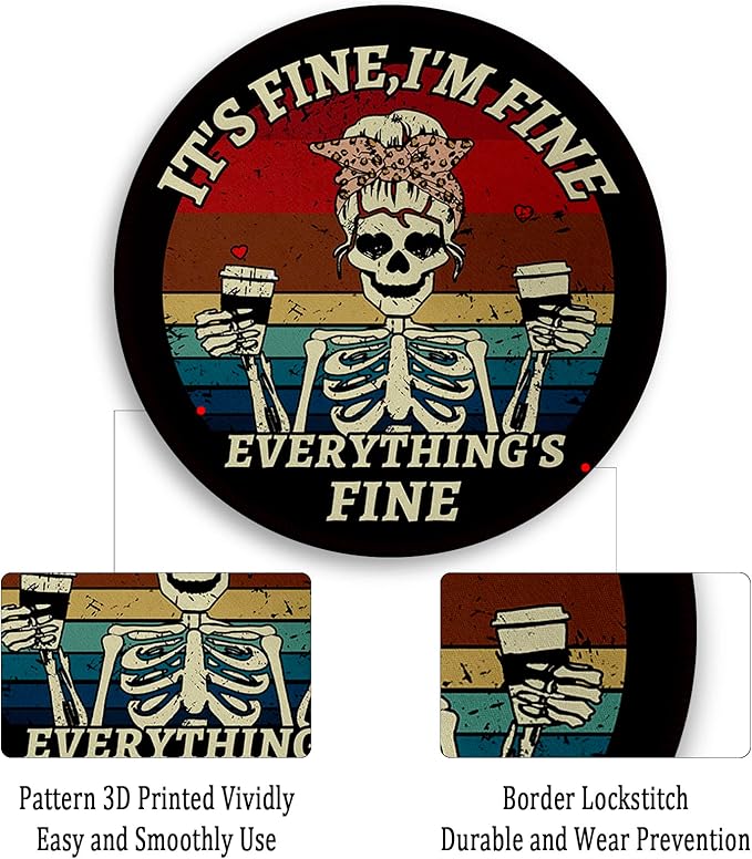 Gctriki Skull Mouse Pad, Funny Round Mouse Pads for Desk, Skeleton Small Mousepad for Laptop Gaming, Stitched Edge Non-Slip Rubber Base, Funny Cute Office Desk Accessories Decor for Women It's Fine