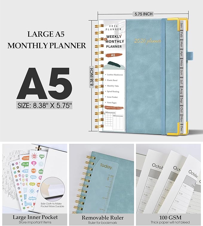 2026 Planner, Weekly and Monthly Calendar Planner from January 2026 - December 2026, 5.75" x 8.38" Hardcover Leather Hourly Appointment Book with Tabs, A5 Spiral Daily Planners for College School Work Home, Blue