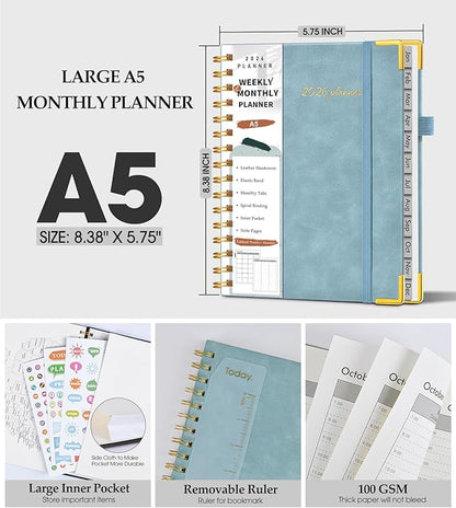 2026 Planner, Weekly and Monthly Calendar Planner from January 2026 - December 2026, 5.75" x 8.38" Hardcover Leather Hourly Appointment Book with Tabs, A5 Spiral Daily Planners for College School Work Home, Blue