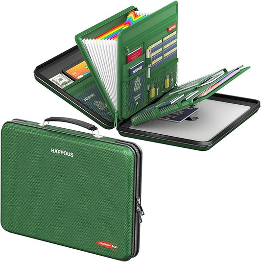 Fireproof Document Box, Expanding File Organizer with 13 Pockets, Portable Fireproof File Box Hard-Shell Document Organizer Storage for Documents Laptop Passports Cards Green