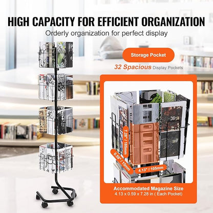VEVOR Brochure Display Rack, 4-Tier 32 Pockets Rotating Magazine Literature Display Stand for Postcards, 360° Spinning Greeting Cards Rack with 5 Wheels (2 Lockable) for Shop Exhibitions Office