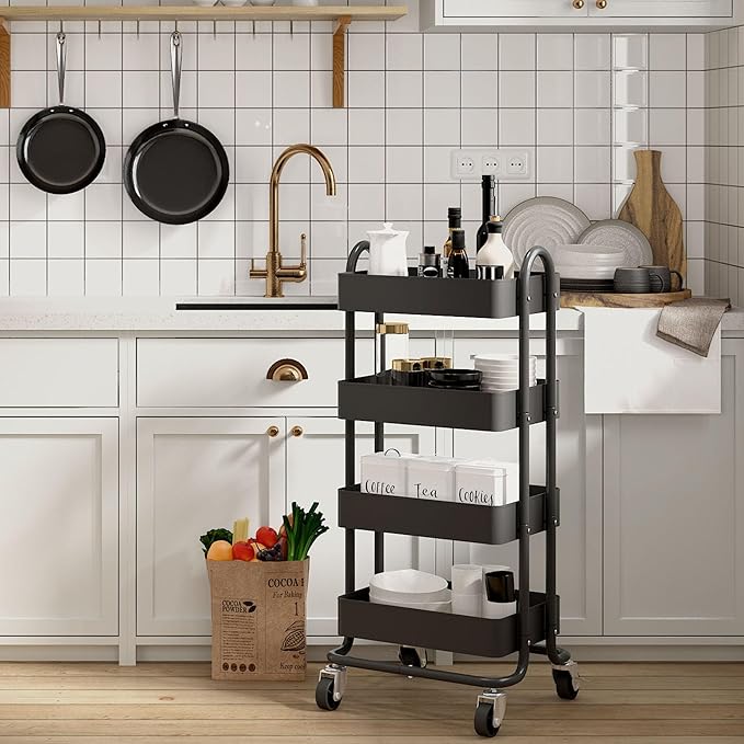 4-Tier Black Rolling Cart,Metal Rolling Utility Cart with Handle,Multifunction Rolling Carts with Wheels,Kitchen Storage Carts Suitable for Office,Home,Kitchen,Garden（13.4"x18.1"x40"） Black