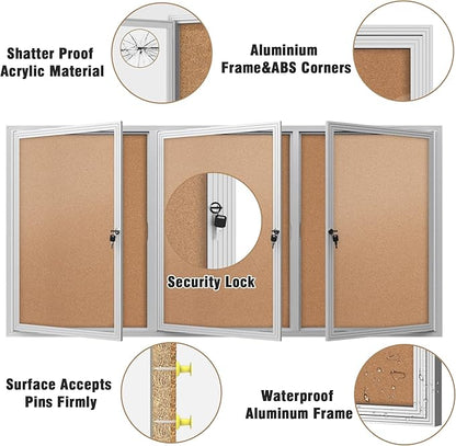 70"x34" Enclosed Bulletin Board, Outdoor Lockable Weather-Resistant Aluminum Cork Noticeboard for School & Office, Silver Frame w/Cork