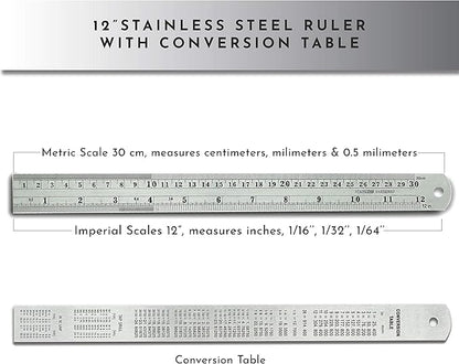 12-Inch Architectural and Engineering Scale Ruler Set (Imperial) | Laser-Etched Aluminum Triangular Drafting Tool | for Architect and Civil Engineer Blueprints | Standard Metal Ruler Included