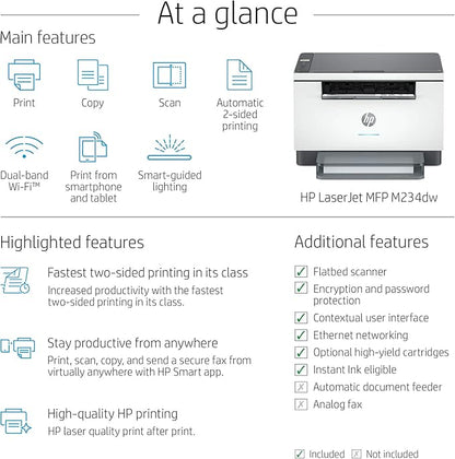 HP LaserJet MFP M234dw Wireless Monochrome All-in-One Printer Scanner, Copier, Fax, Bluetooth, Wifi, USB, Ethernet Connectivity, Instant Ink ready Ideal for Small Businesses and Home Offices (Renewed)