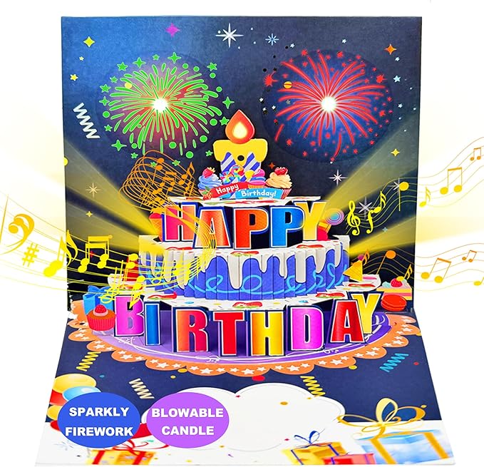 Birthday Cards, Pop Up Firework Birthday Cards, Musical and LED Lights Happy Birthday Card with Blowable Birthday Cake, Happy Birthday Gift Card for Mom Women Men Dad Kids Husband Wife