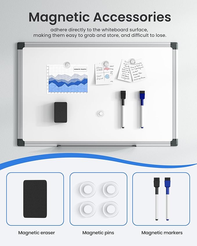 VUSIGN 3PCS Magnetic White Board Kit for Wall 18" x 12", 3 Dry Eraser & 6 Multicolor Markers & 12 Magnetic Pins, Sliver Reinforced Aluminum Frame for Home, School, Office