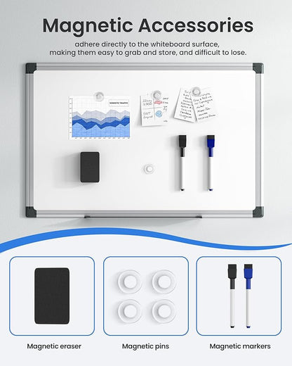 VUSIGN 3PCS Magnetic White Board Kit for Wall 18" x 12", 3 Dry Eraser & 6 Multicolor Markers & 12 Magnetic Pins, Sliver Reinforced Aluminum Frame for Home, School, Office
