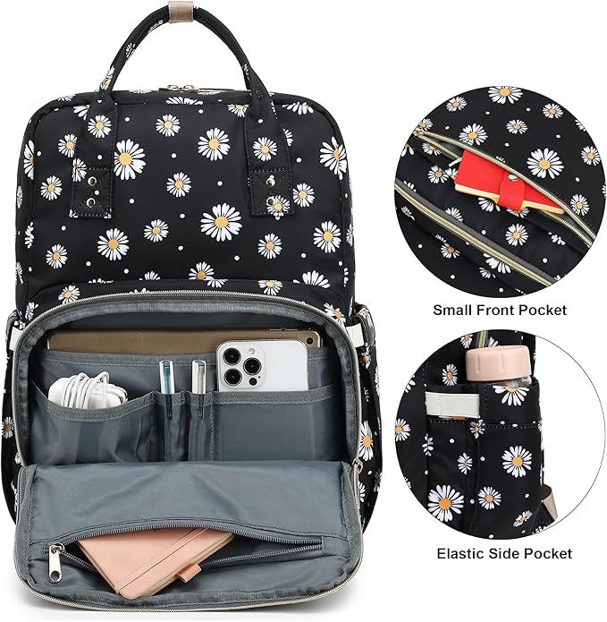 Daisy Black Laptop Backpack College Bookbag School Backpack for Women Girls, Travel Backpack 15.6 Inch Computer Backpacks